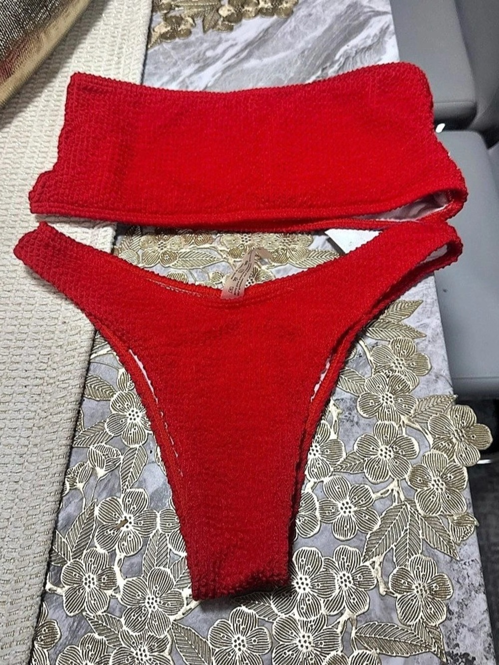 Aerie Crinkle Bandeau Bikini Top & High Cut Cheeky Bottom Set Red